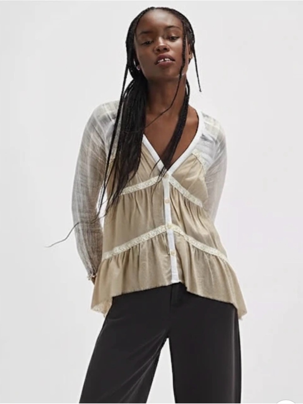 Free People 100%  Cotton Embroidered Boho Top or Tunic Lace Trim V-neck Size XS
